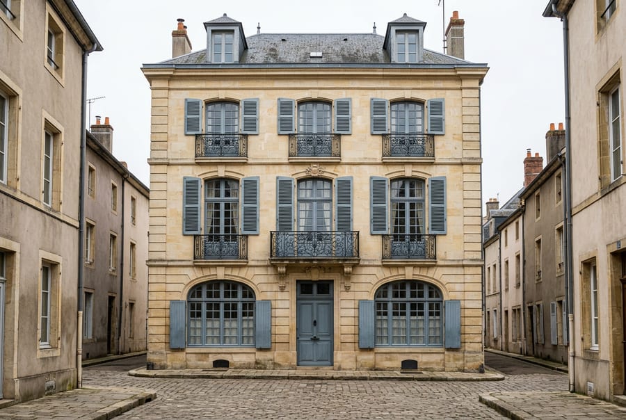 Façade en pierre d’une maison de ville à Reims (image générée).