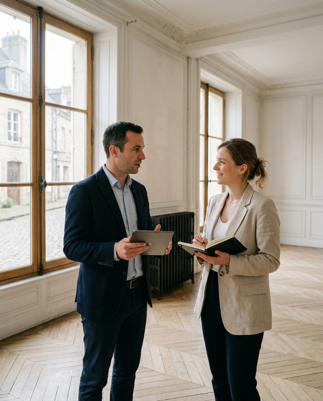 Un diagnostiqueur et une négociatrice discutent dans un appartement vide aux parquets anciens (image générée).
